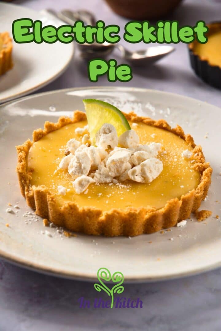 Key lime pie on plate with text overlay that says 'Electric Skillet Pie'.