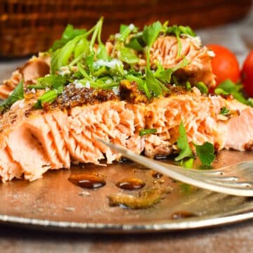 Electric skillet salmon with honey mustard glaze on plate.