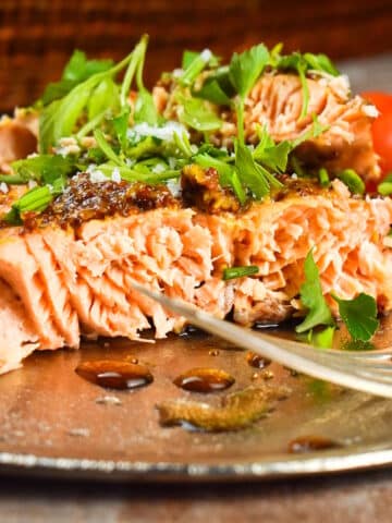 Electric skillet salmon with honey mustard glaze on plate.