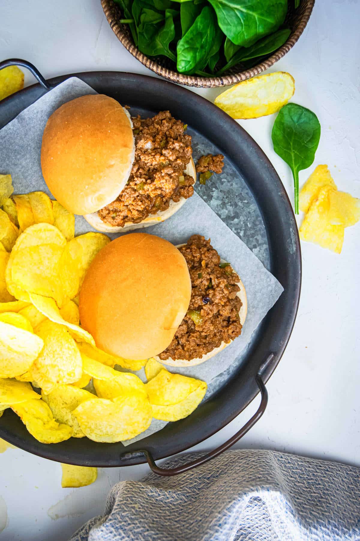 Sloppy Joes with chips on serving tray.