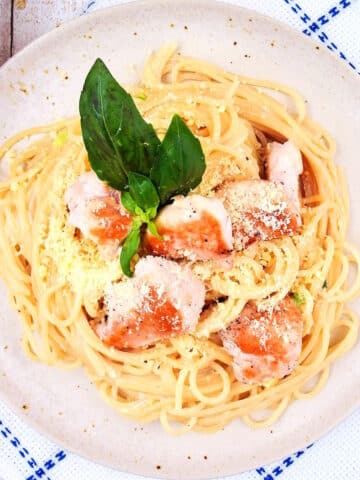 Electric skillet spaghetti alfredo on plate.