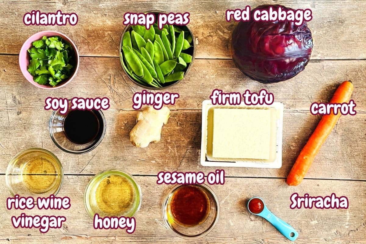 Electric skillet glazed tofu ingredients labeled on wooden background.