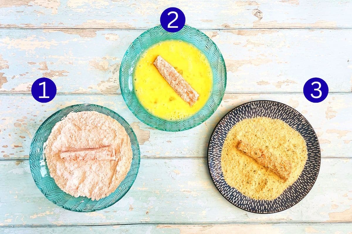 Fish stick breading ingredients in 3 separate dishes, numbered.