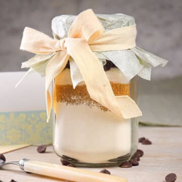 Chocolate chip cookie mix in a jar with bow.