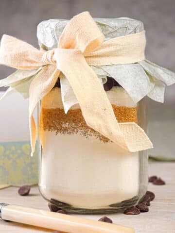 Chocolate chip cookie mix in a jar with bow.