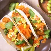 Kimchi cod tacos in serving dish.