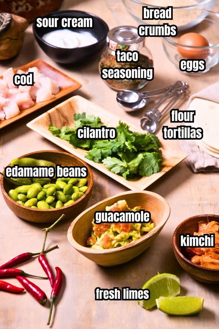 Kimchi taco ingredients prepped and labeled.