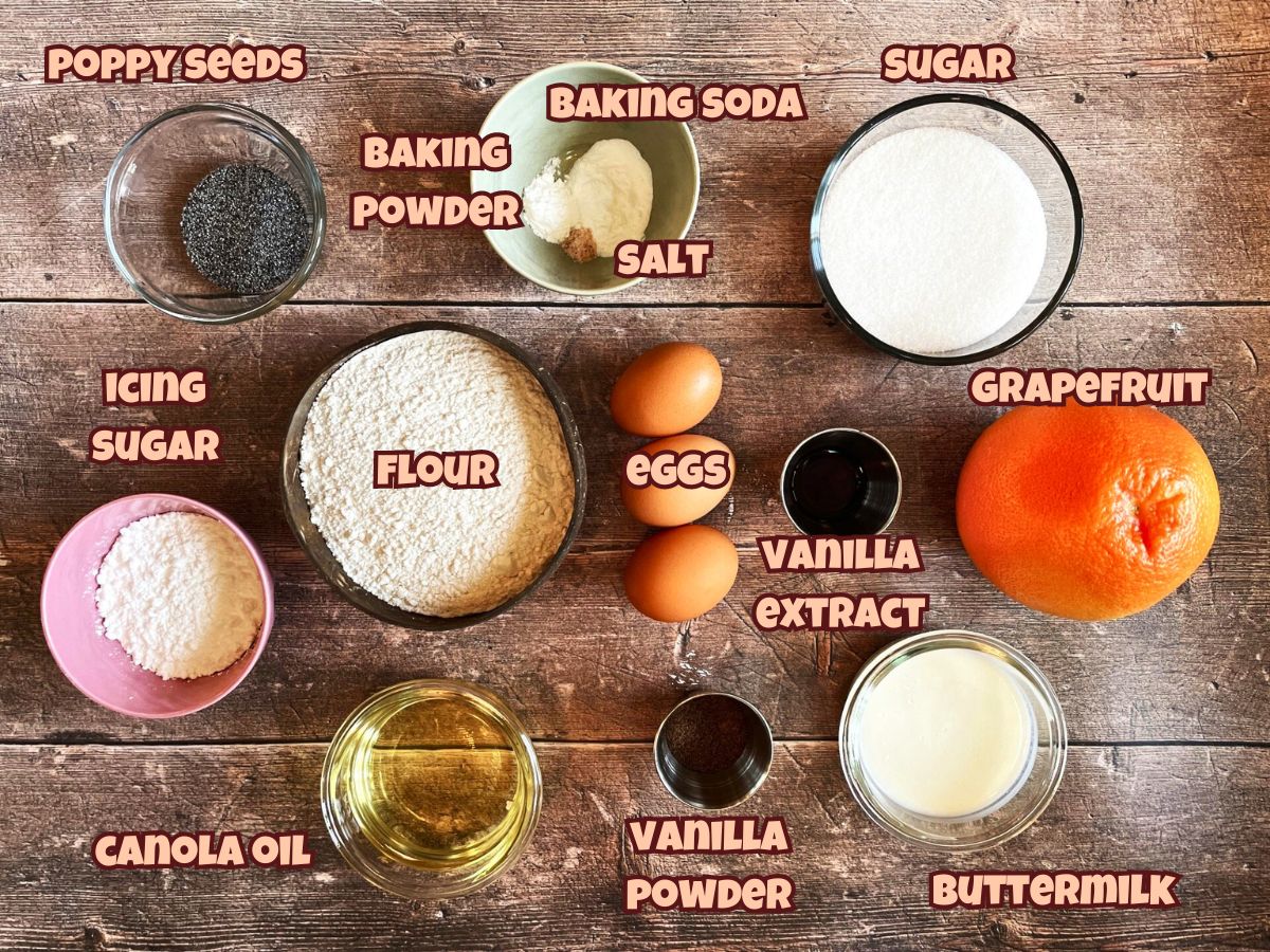 Grapefruit cake ingredients prepped and labeled.