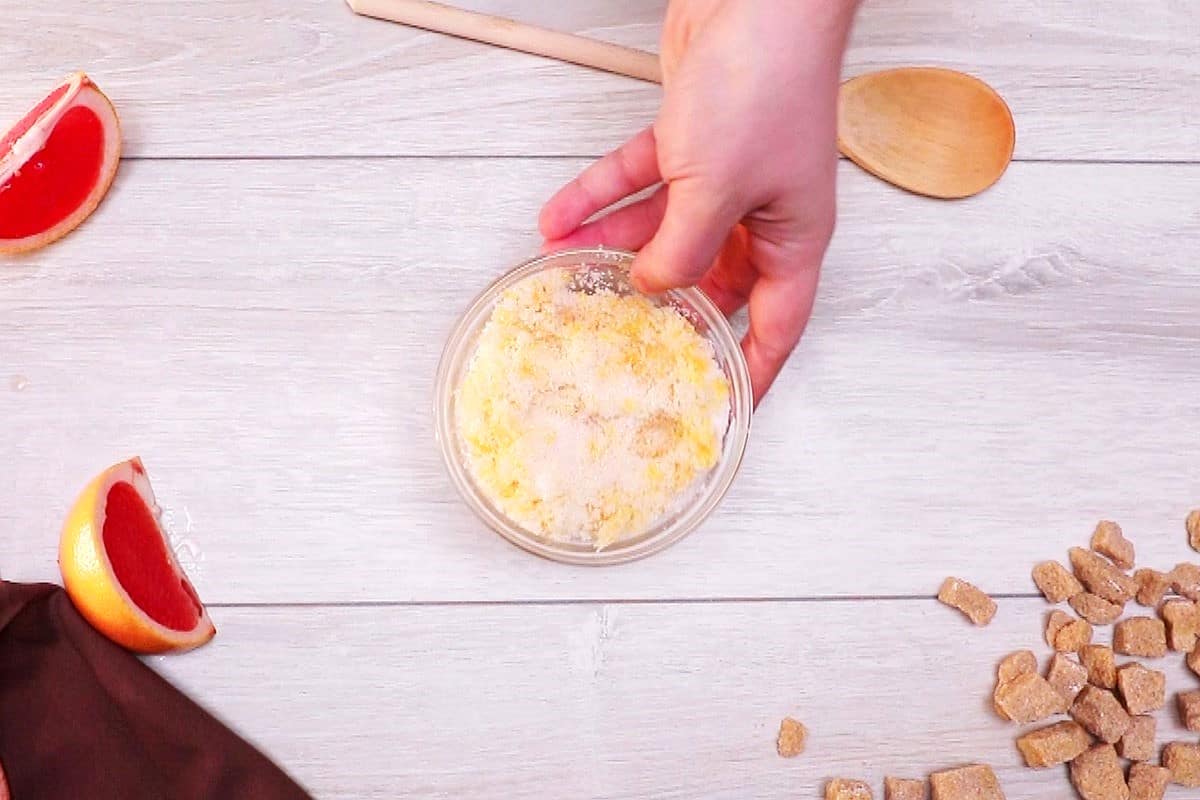 Grapefruit zest and sugar in bowl.