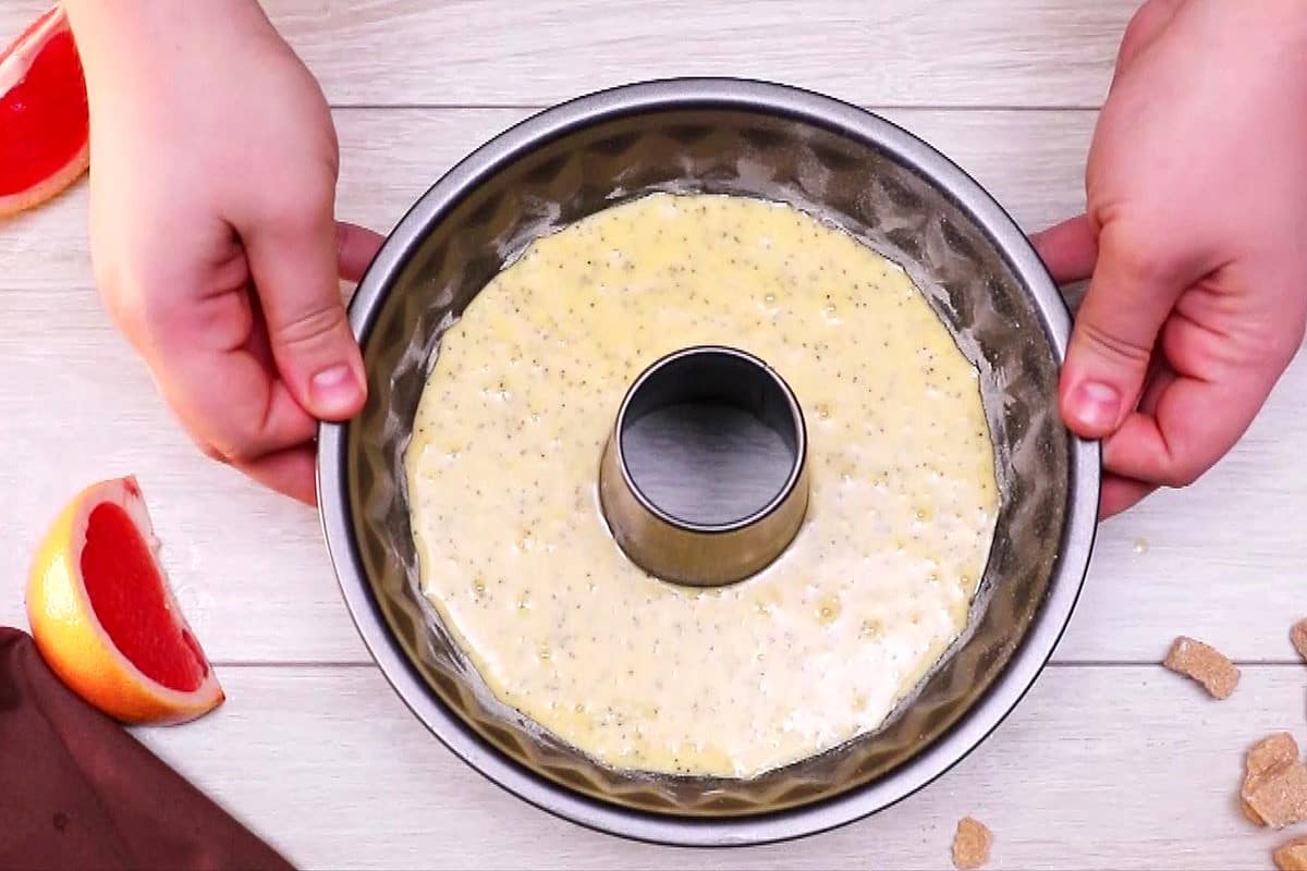 Grapefruit cake batter in bundt pan.