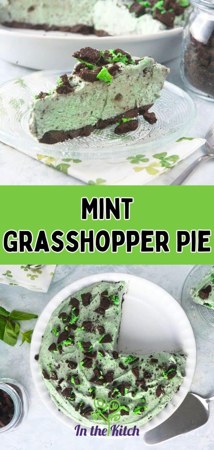 Grasshopper pie on plate and in pie dish with text overlay that says 'mint grasshopper pie'.