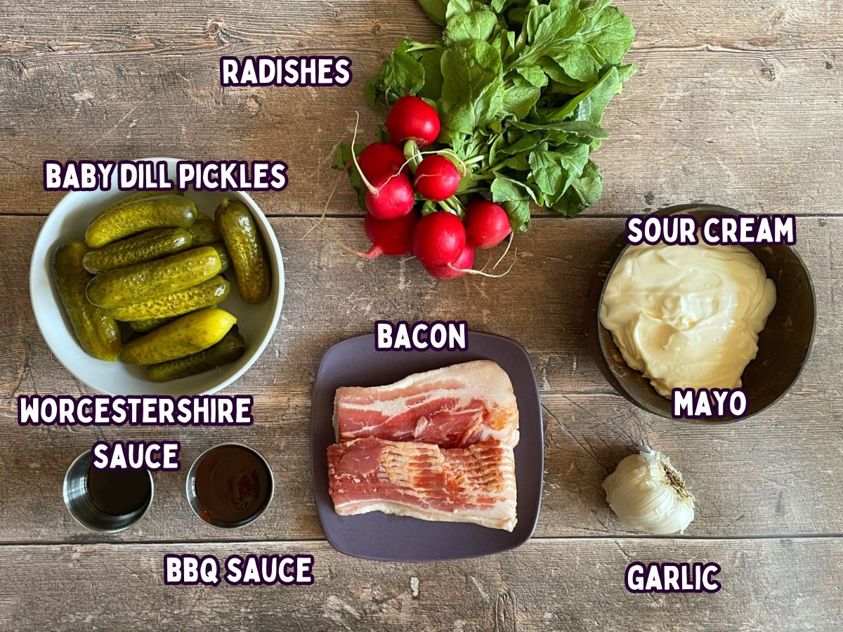 Grilled bacon wrapped pickles with creamy garlic dip ingredients labeled.