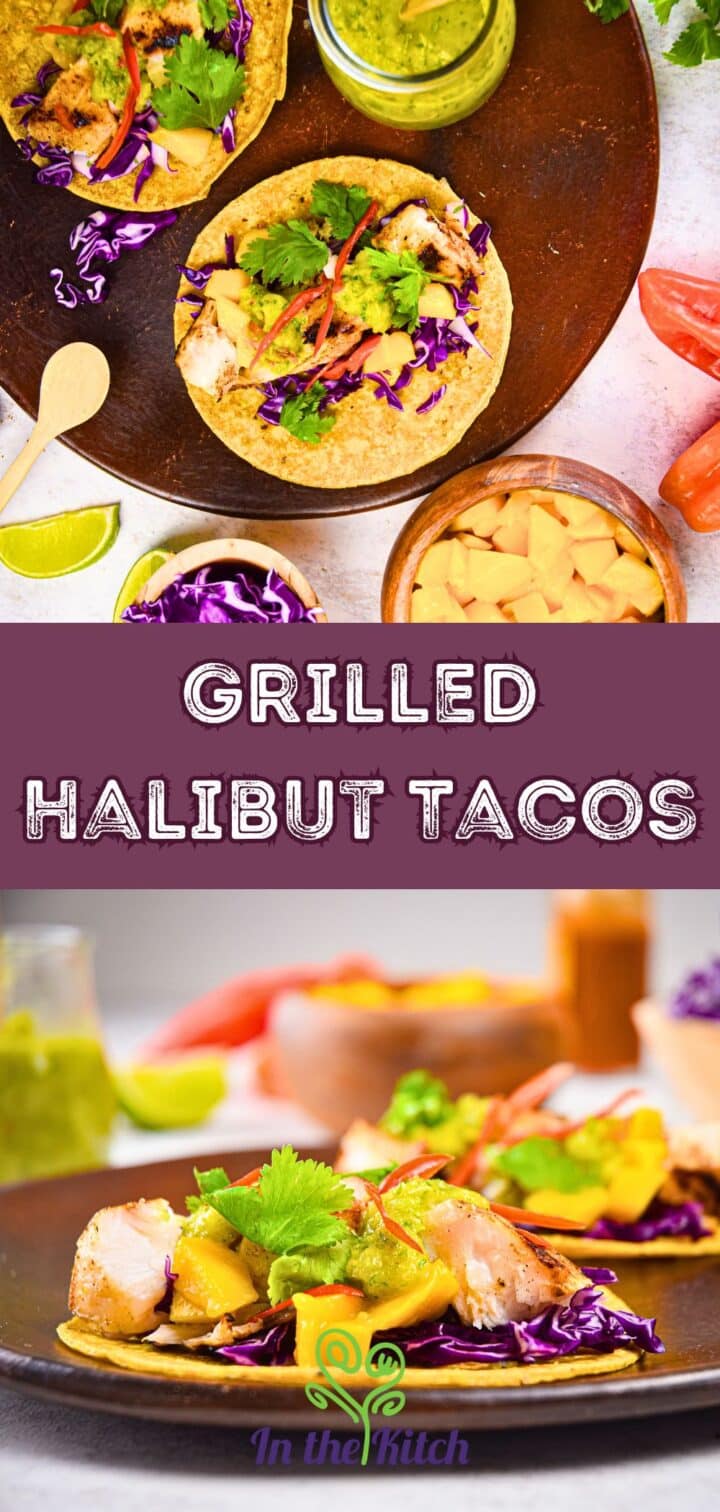 Grilled halibut fish tacos on brown serving tray with limes, red cabbage and tomatillo salsa.