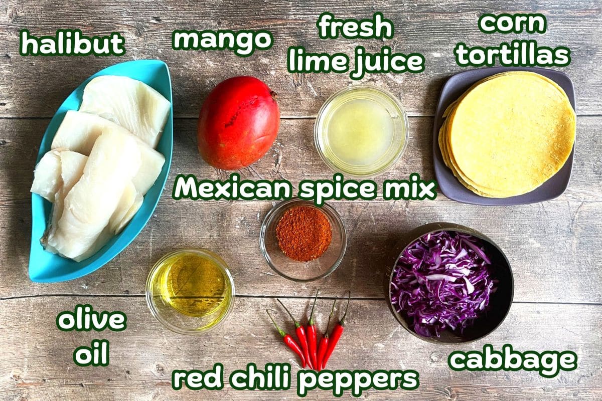 Halibut taco ingredients prepped and labeled.