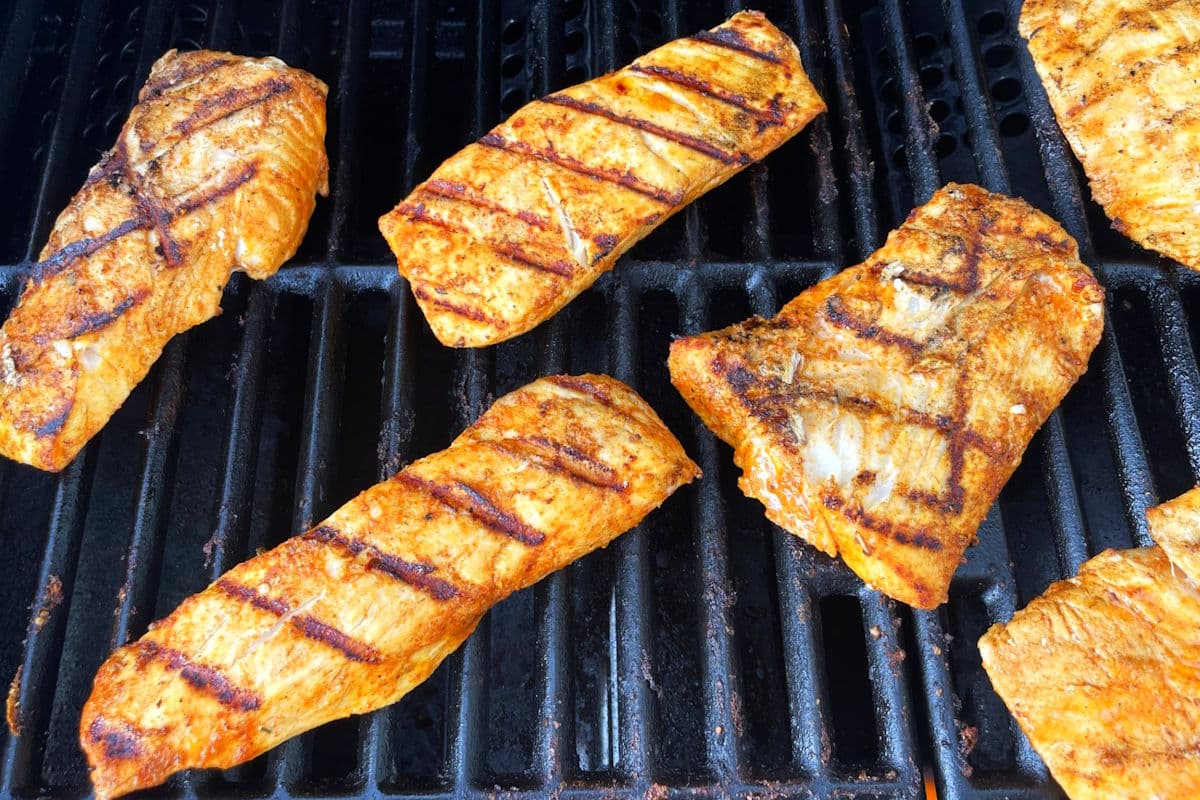 Halibut fillets on the outdoor grill.