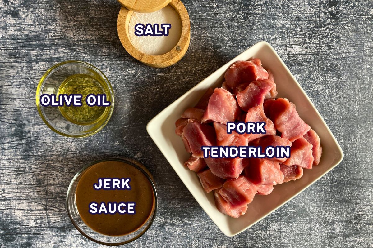 Grilled pork tenderloin skewer ingredients prepped and labeled.