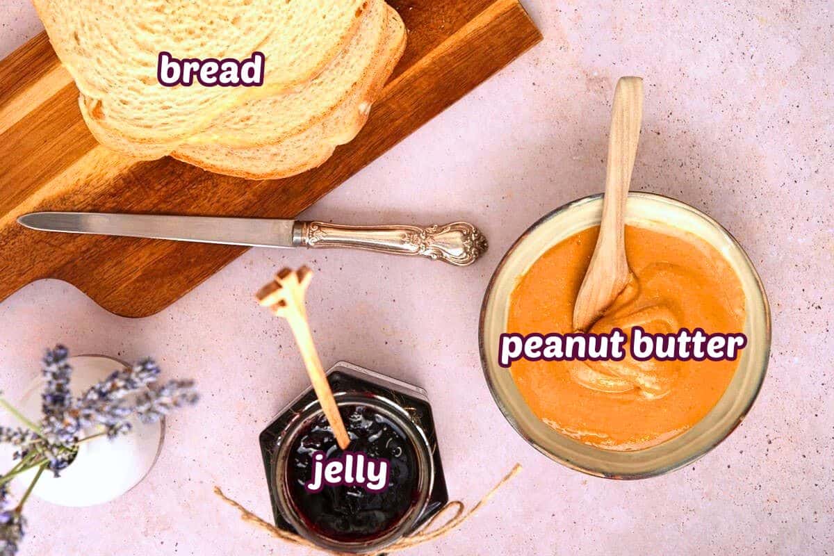 Grilled PBJ ingredients prepped and labeled.