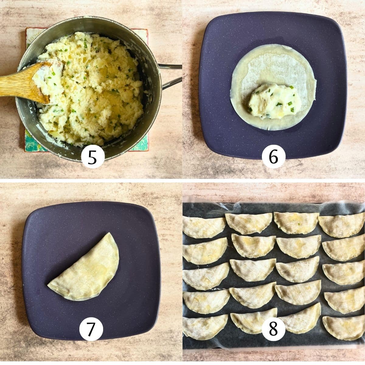 Filling grilled pierogies steps collage.