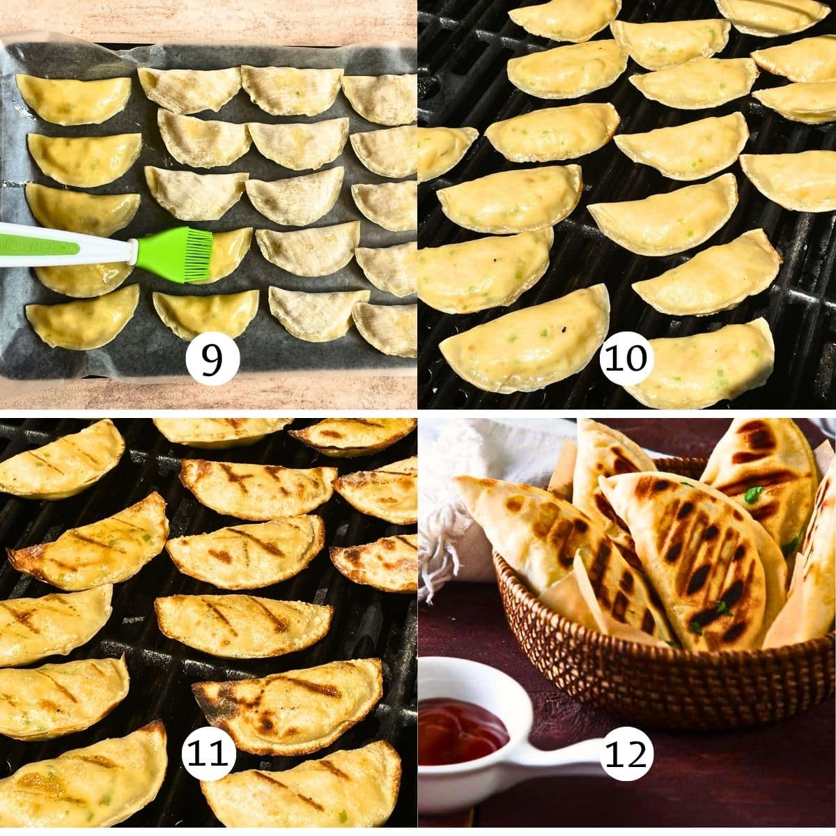 Grilling pierogies steps collage.