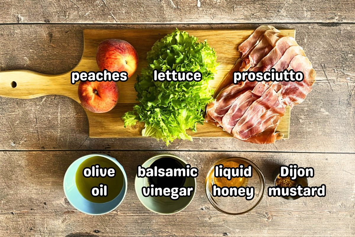 Grilled prosciutto wrapped peaches with balsamic vinaigrette ingredients labeled.