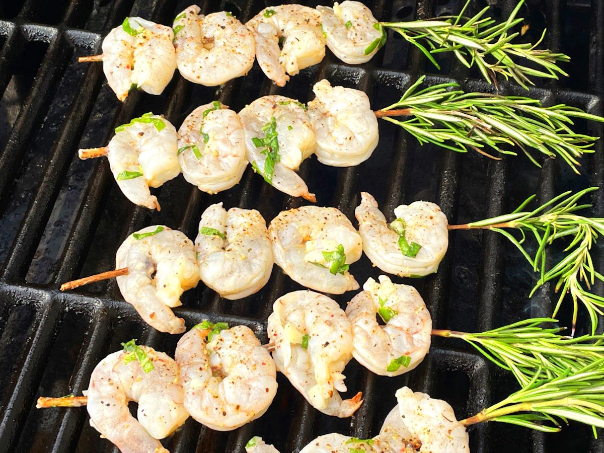 Shrimp rosemary skewers on the outdoor grill.