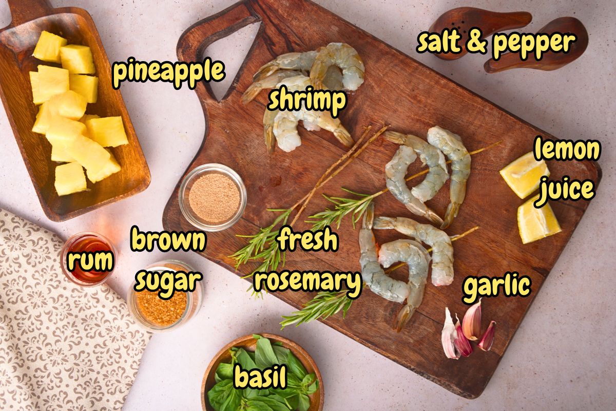 Grilled shrimp rosemary skewers ingredients prepped and labeled.