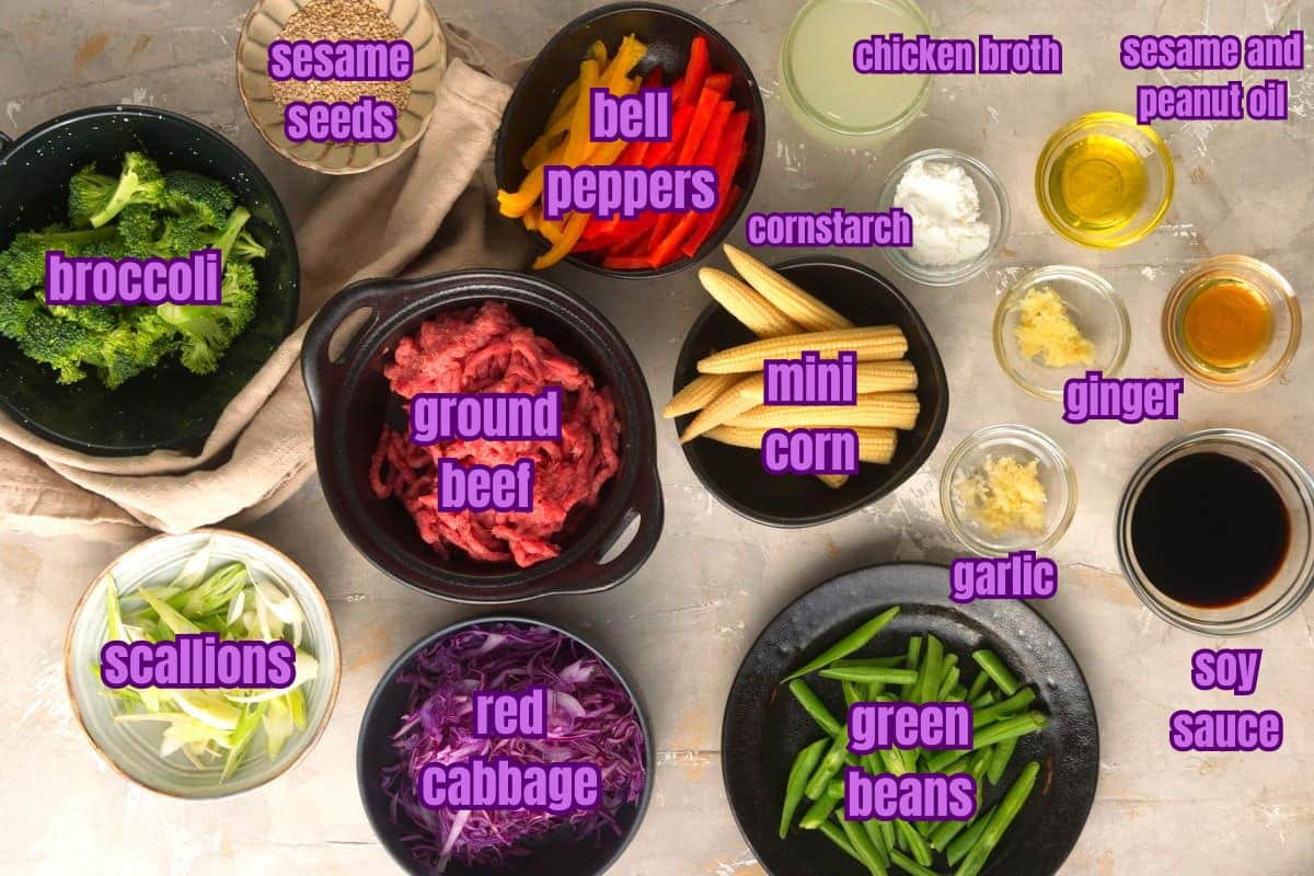 Ground beef stir fry ingredients labeled.