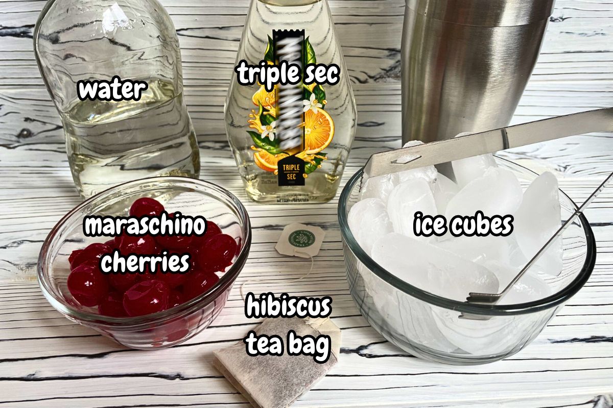 Hibiscus cosmo ingredients prepped and labeled.