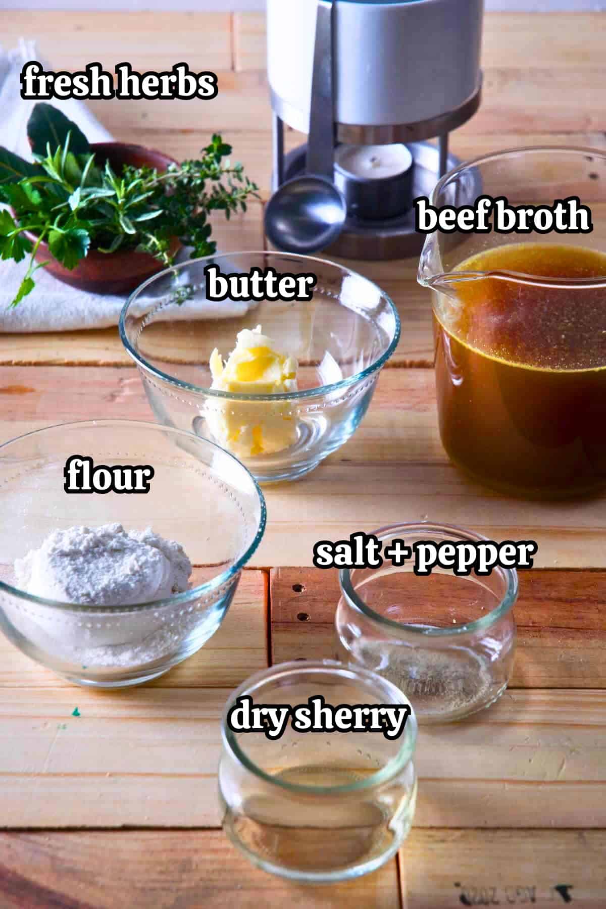 Homemade brown gravy ingredients labeled.