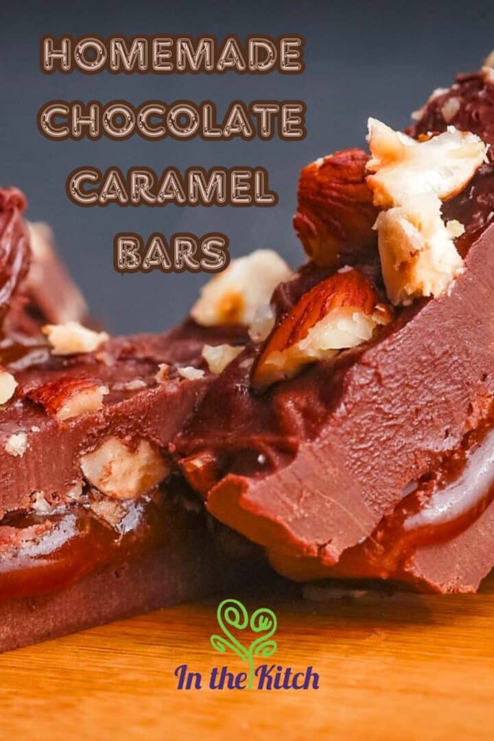 Chocolate caramel bars with text overlay that says 'homemade chocolate caramel bars'.
