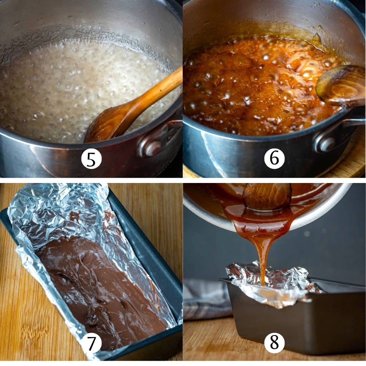 Chocolate caramel bars steps collage making the caramel.