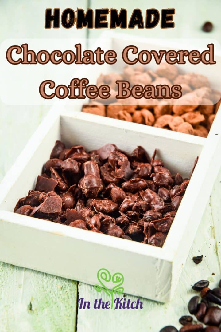 Chocolate covered coffee beans in white dish with text overlay saying 'homemade chocolate covered coffee beans'.