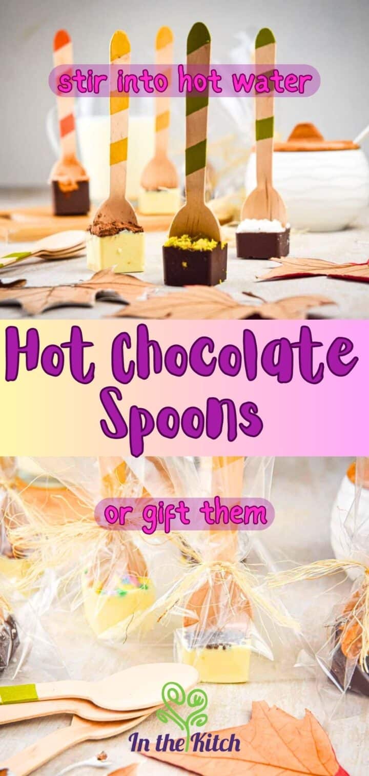 Images of hot chocolate spoons with text overlay that says 'hot chocolate spoons - stir into hot water or gift them'.
