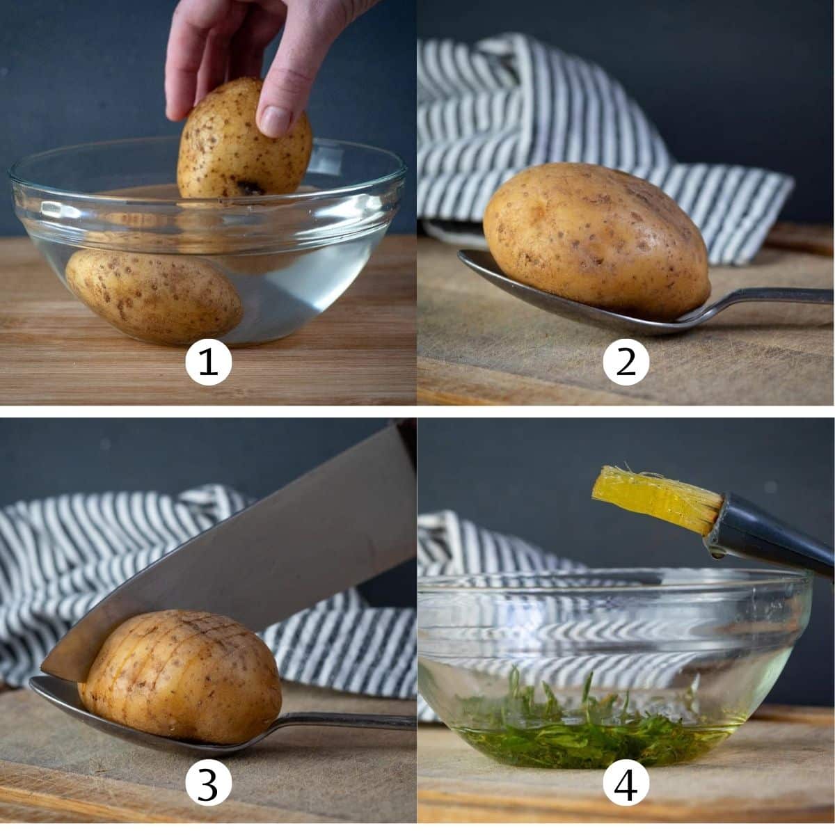 Prepping of hasselback potatoes image collage.
