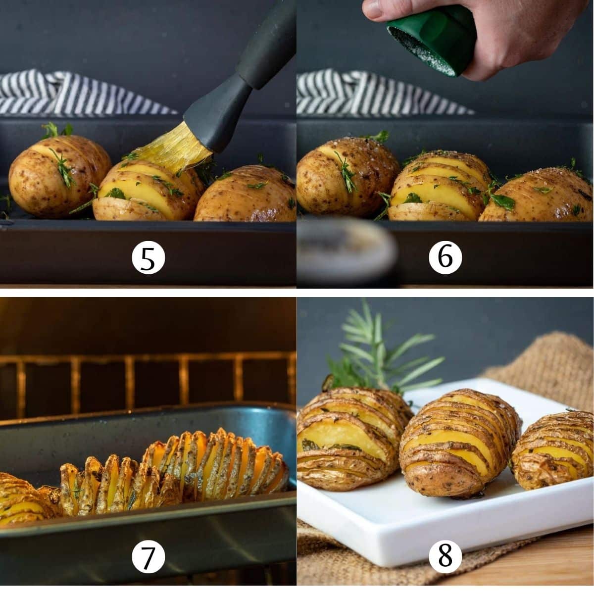 Hasselback style potatoes getting baked image collage.