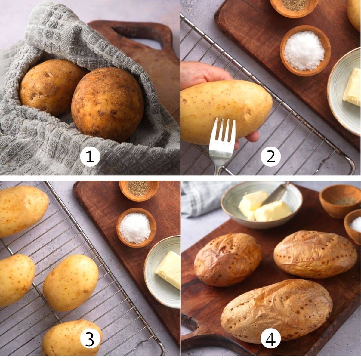 Potatoes getting prepped for baking image collage.