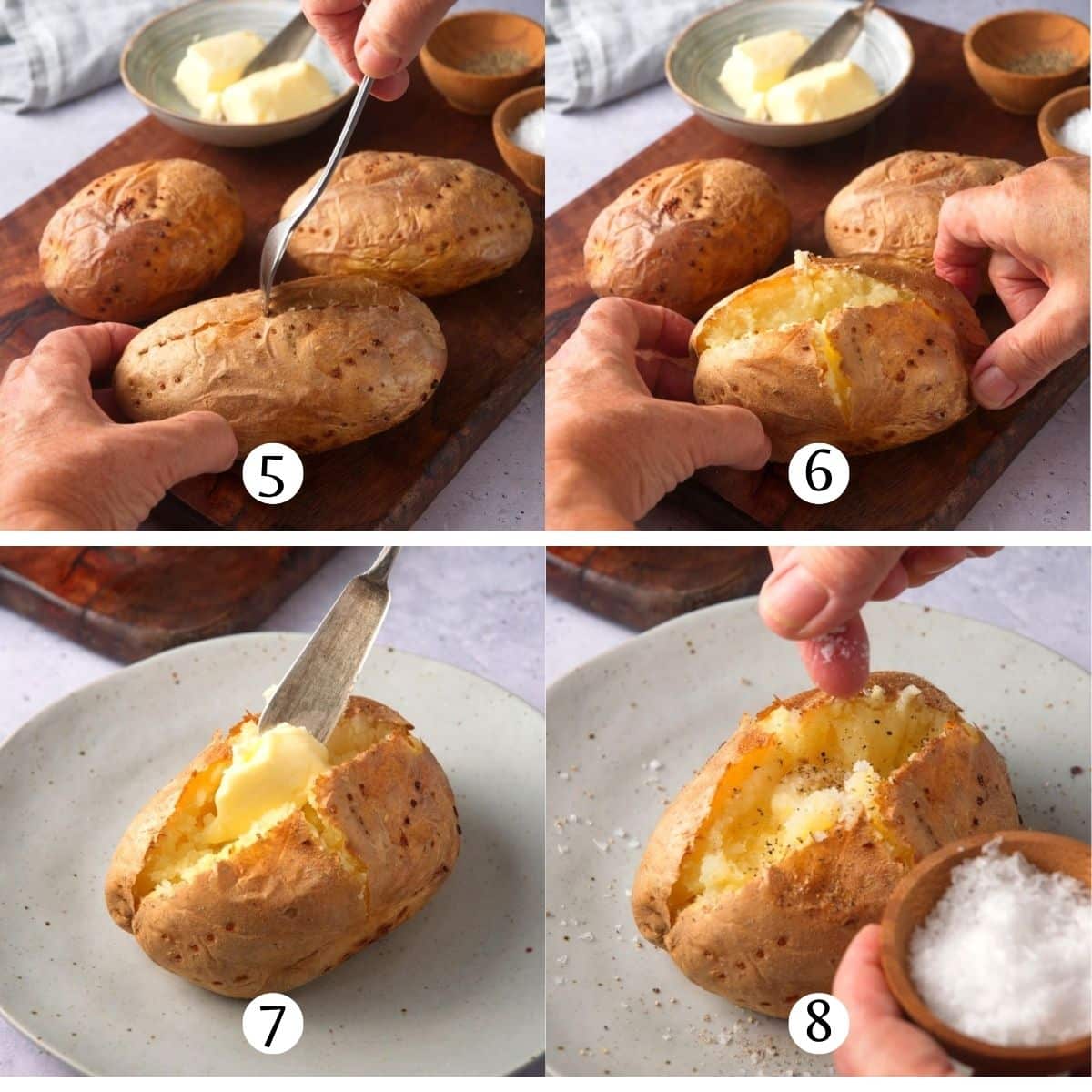 Baked potato getting popped open steps collage.