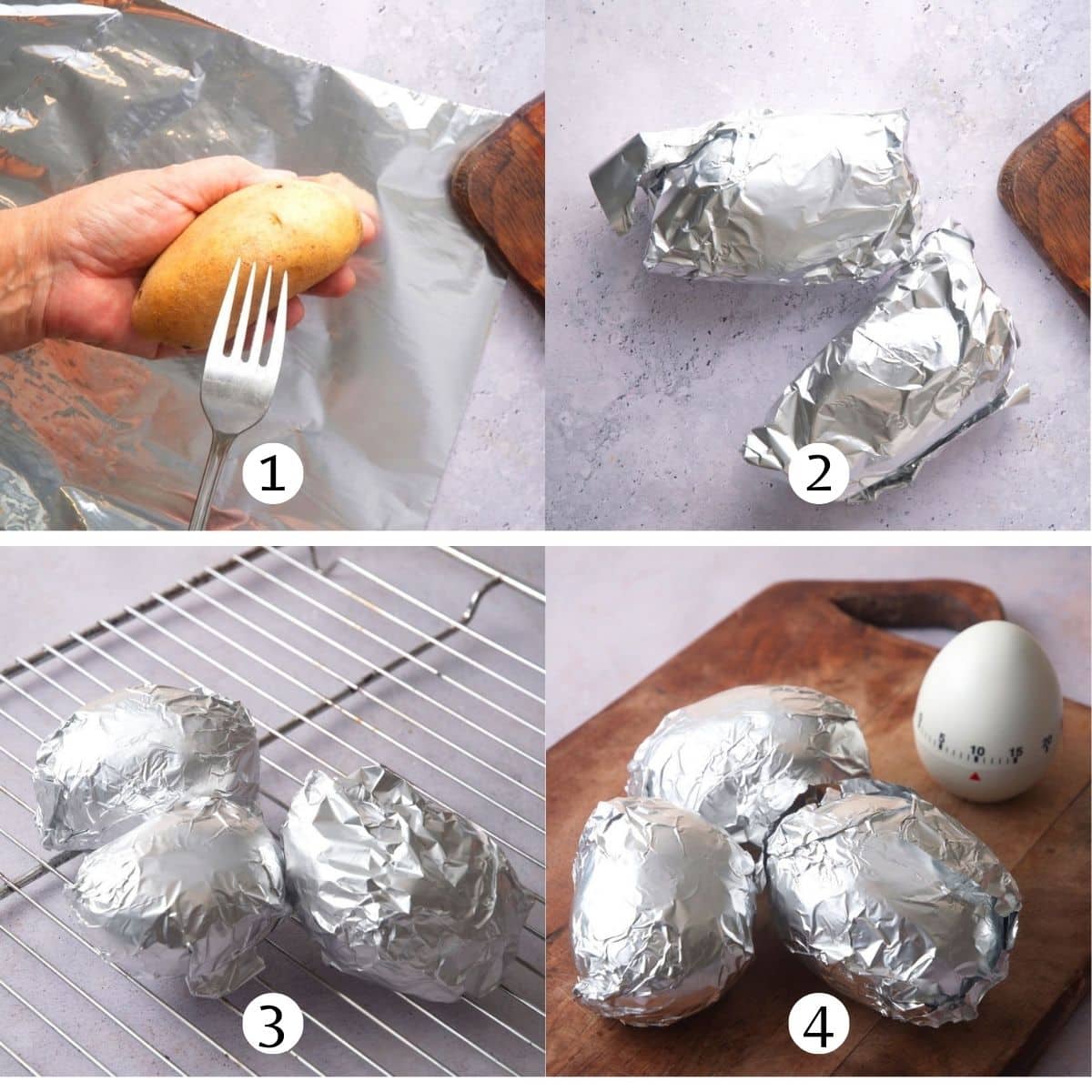 Bake potato in foil steps collage.