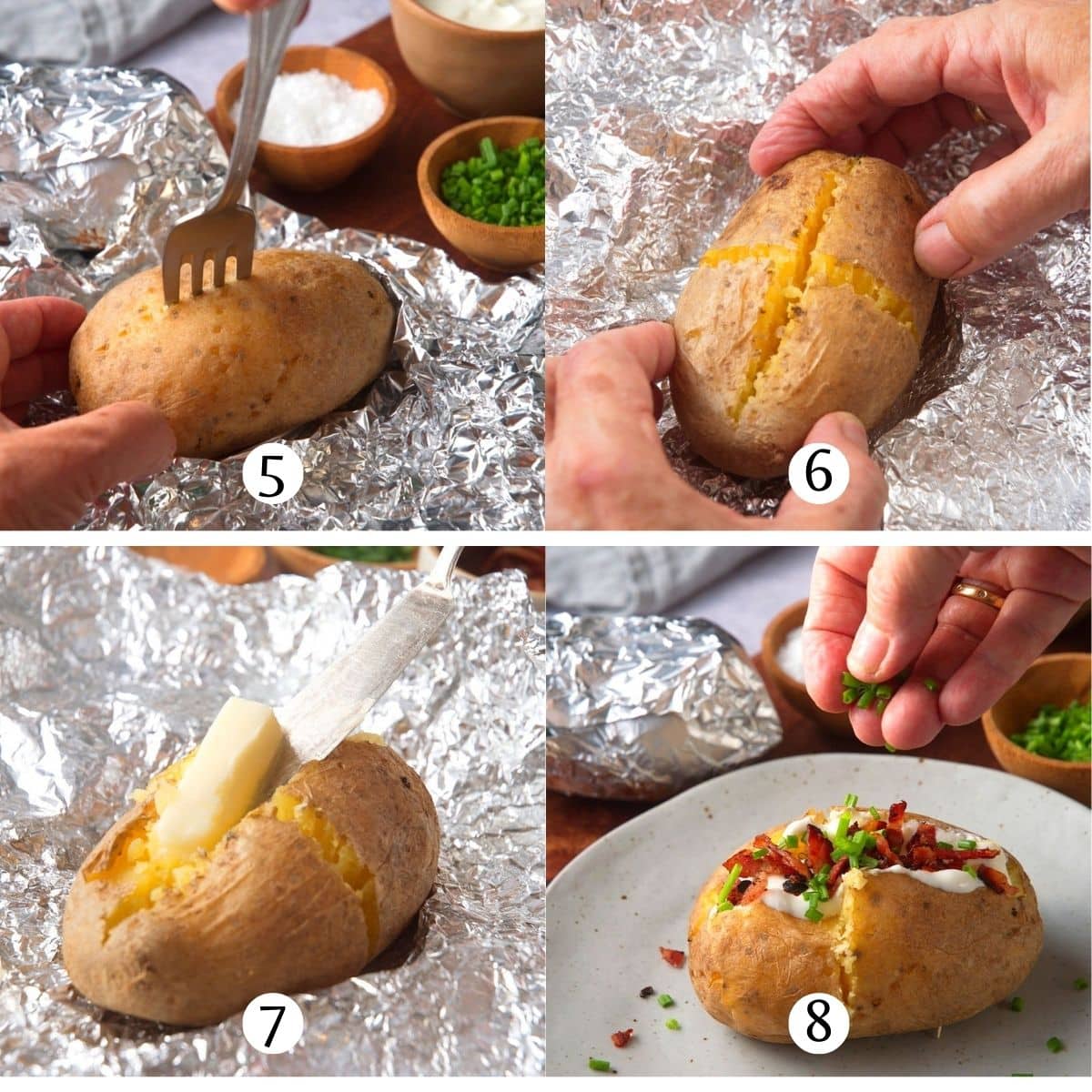 Baked potato with butter and toppings steps collage.