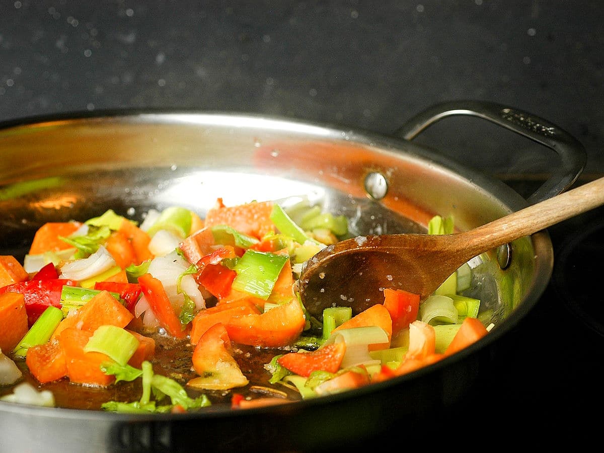 Vegetables in pan.