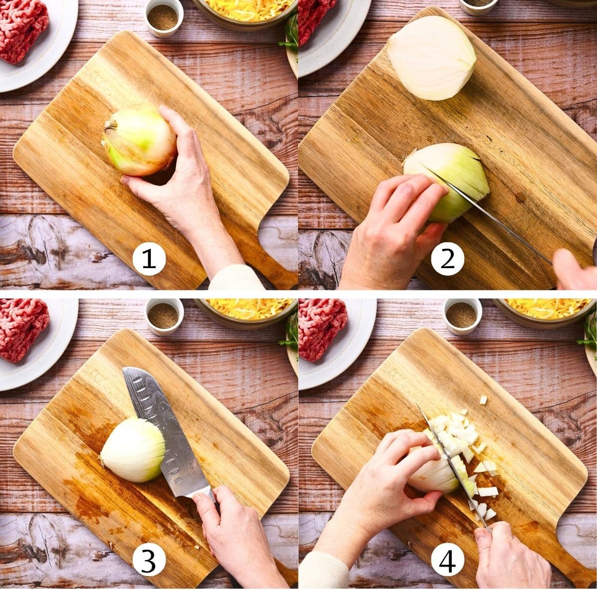 How to chop an onion on cutting board collage.