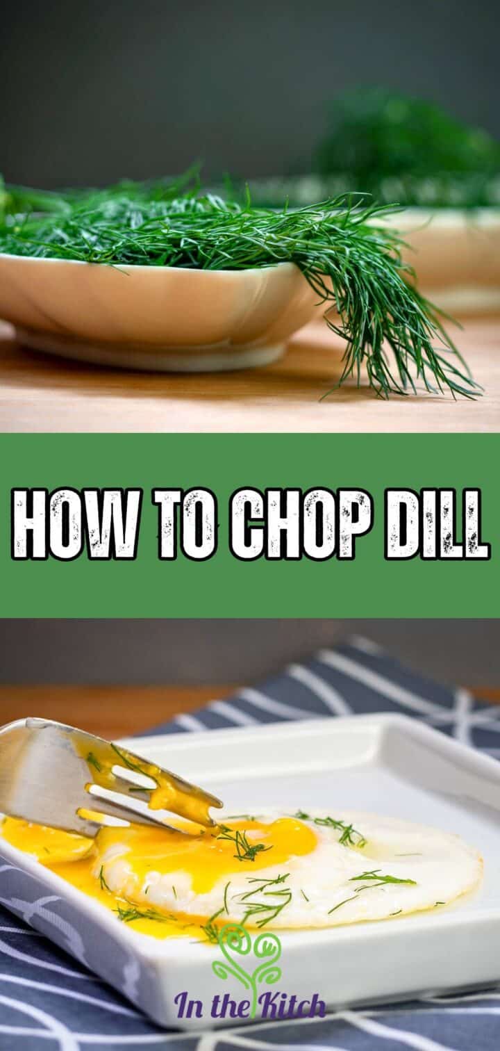 Fresh dill in dish and on runny egg with text overlay that says 'how to chop dill'.