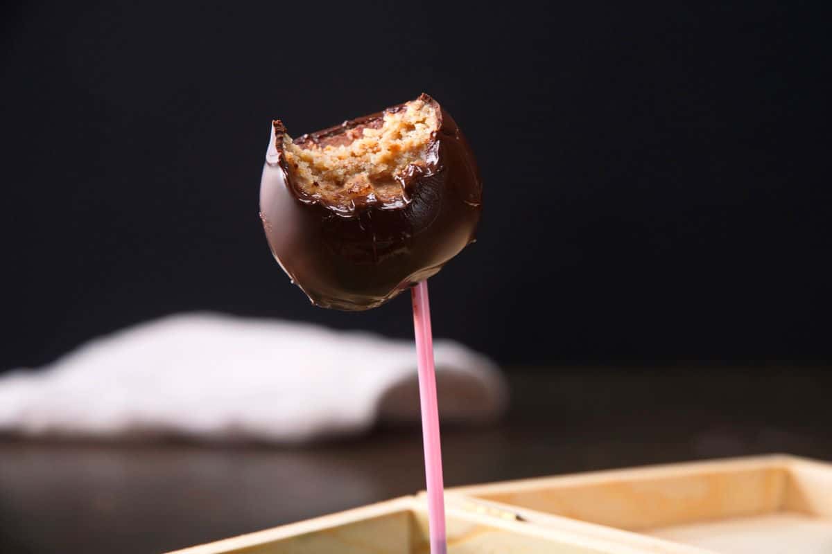 Chocolate covered cake pop with bite taken out of it.