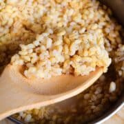 Cooked barley on a spoon.