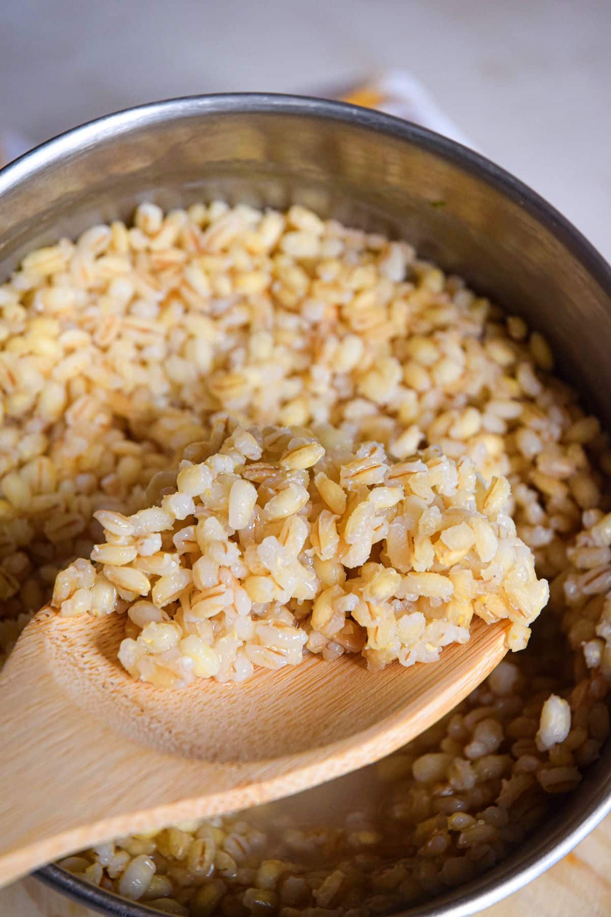 Cooked pearl barley in pot and on spoon.