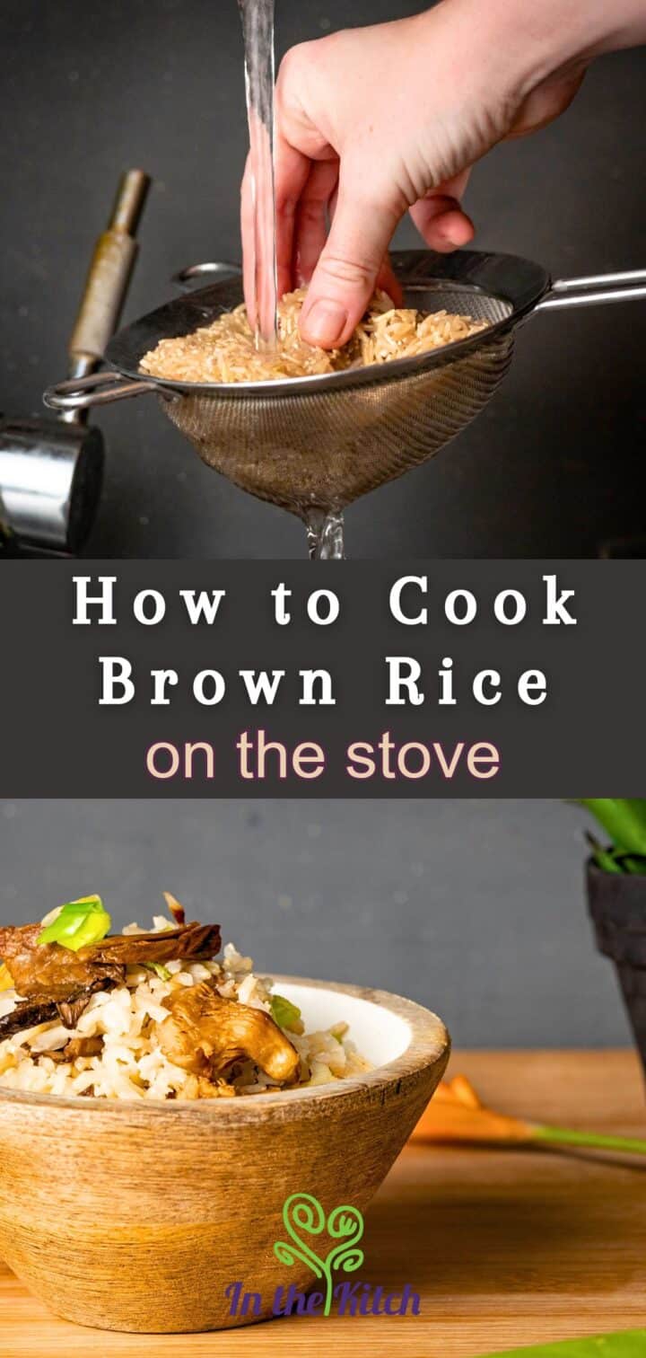 Brown rice with text overlay that says 'how to cook brown rice on the stove'.