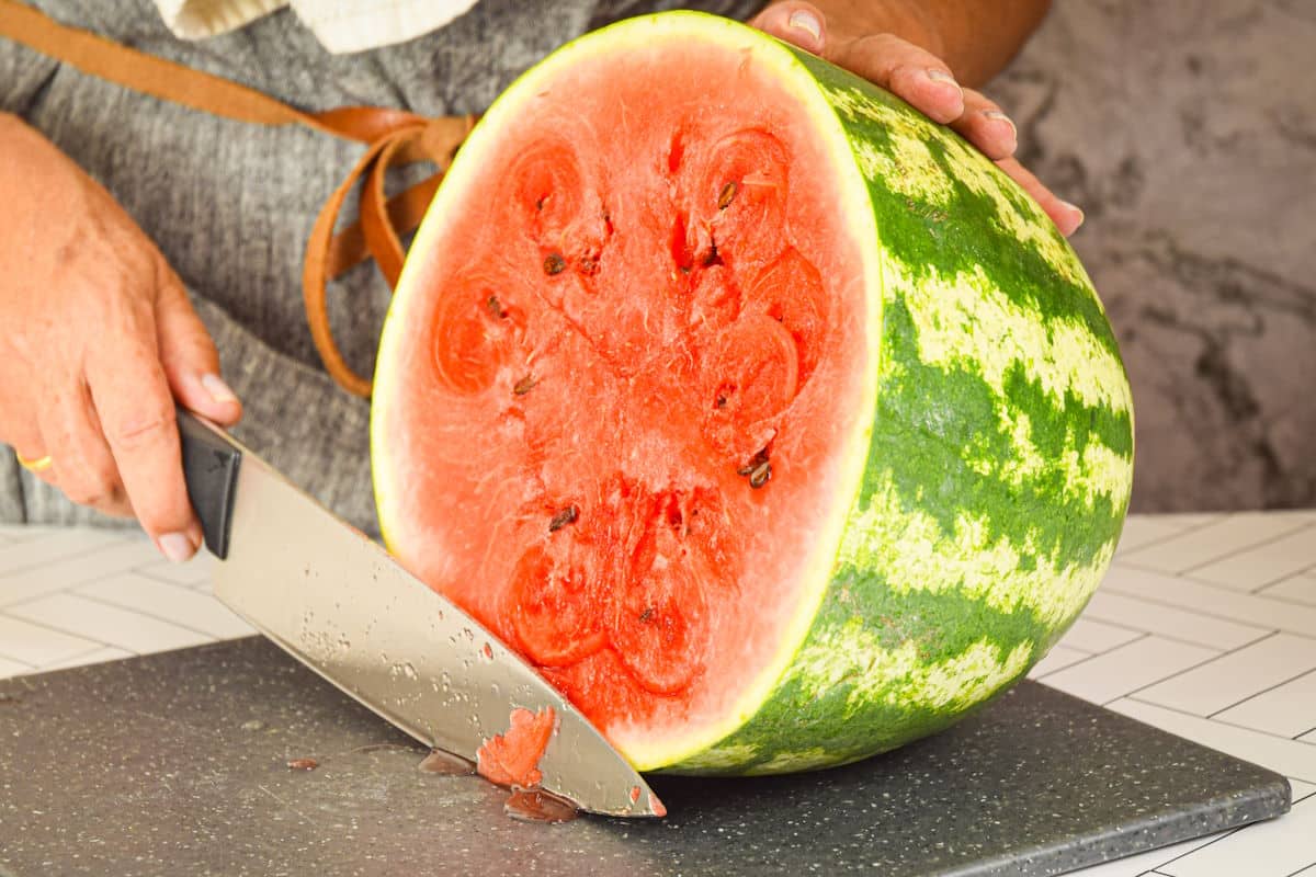 Watermelon sliced in half.