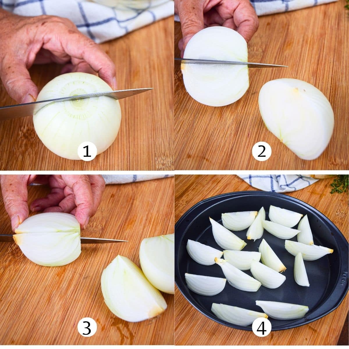 Collage of cutting onions into wedges.