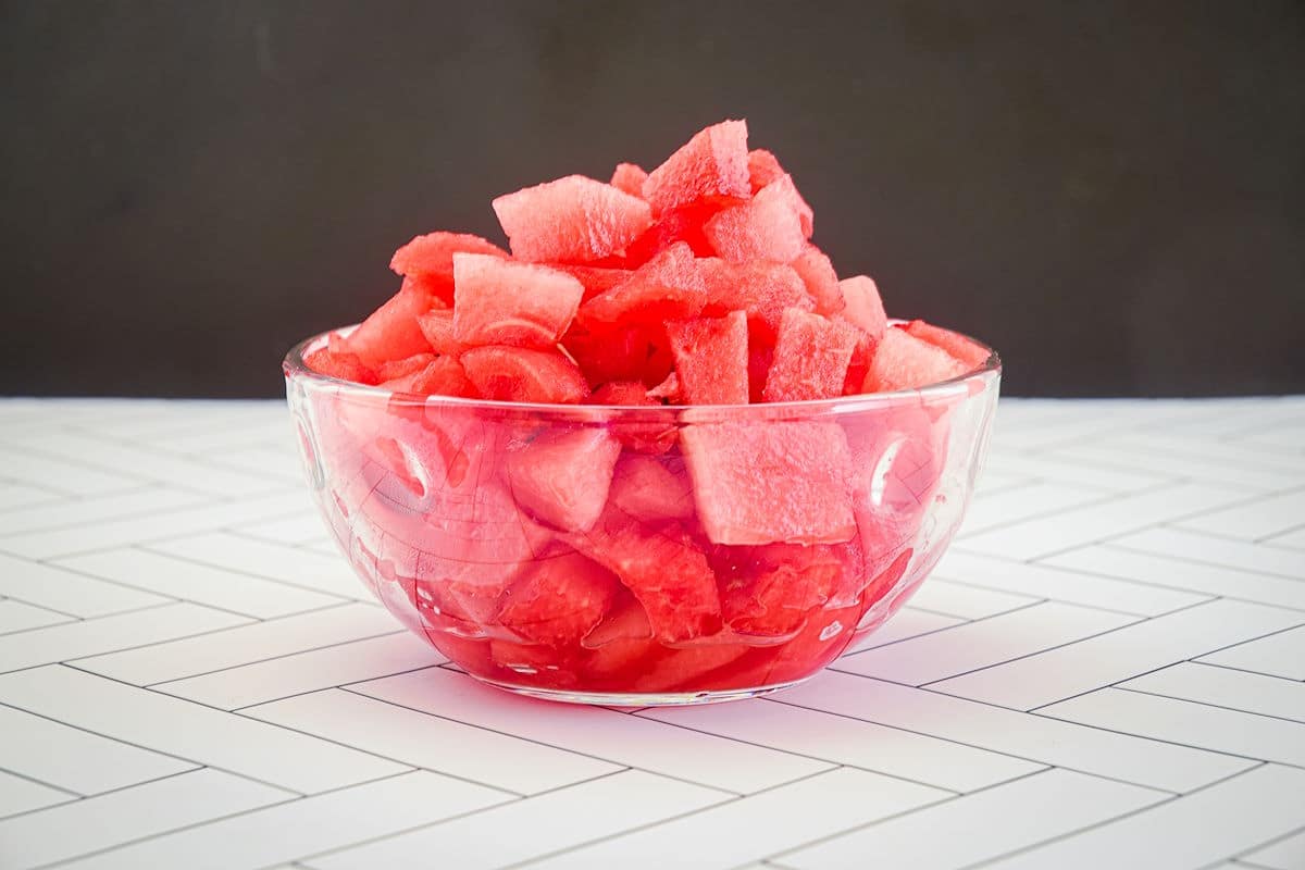 Watermelon cubes in bowl.