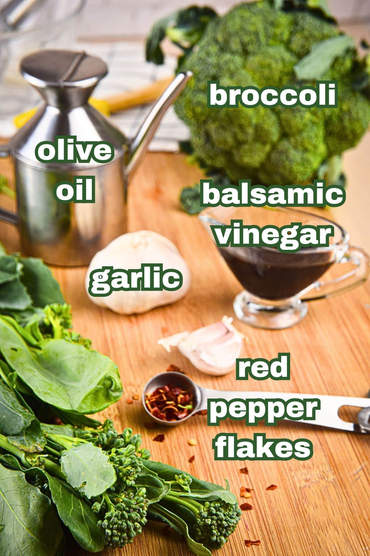 Grilled broccoli ingredients prepped and labeled.